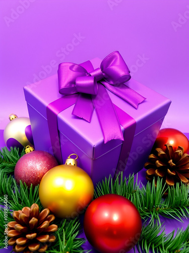 A purple gift box, adorned with a matching ribbon and bow, sits against a purple backdrop Surrounding the scene are Christmas balls and scattered pine cones