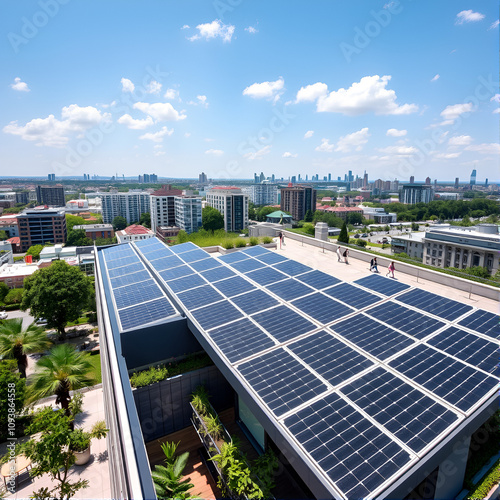 Solar panels covering rooftop of sleek modern apartment complex with a communal garden on the roof and cityscape in the background