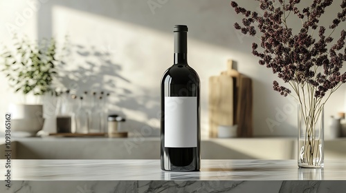 Alice Hlong mockup visual preview Elegant wine bottle with blank label Elegant wine bottle on a stylish countertop.