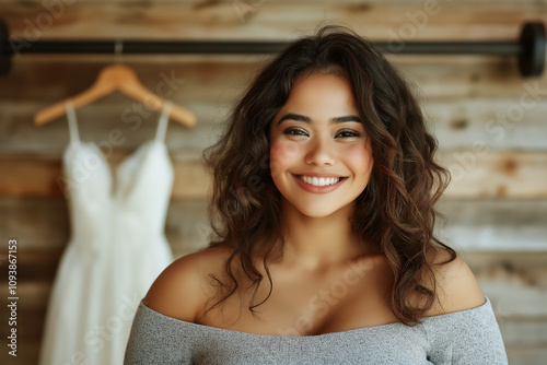 Portrait of happy young Hispanic woman ready for a workout in preparation for her wedding day, bridal dress hanging in background