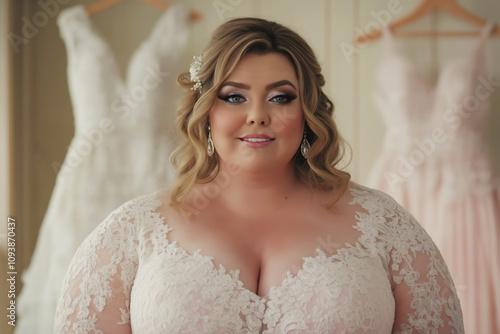 Portrait of beautiful Caucasian blonde plus size bride trying on wedding dresses in bridal shop