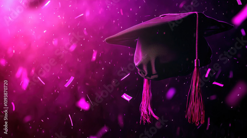 Graduation cap with pink confetti in air, celebrating achievement