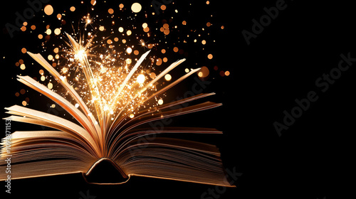 open book with glowing pages emits magical light