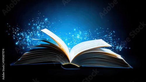 open book with glowing pages emits magical light