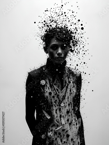 Black and white artistic person disintegrating into particles despair disintegration