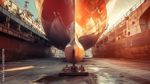 Sun-Drenched Shipyard: Close-Up of a Vessel's Stern in Dry Dock AI Generated