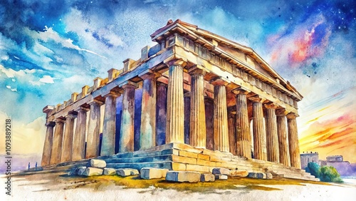 AI-rendered Parthenon sketch: Athenian marble, vibrant hues.