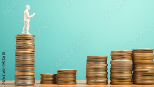 White hand human standing on high salary coins tower with poor man on low coins stack. Economic inequality, rich and poor gap, unfairness income, different money people being paid.