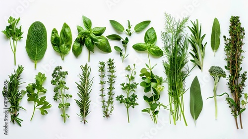 Fresh culinary herbs arranged in alphabetical order from anise to zest