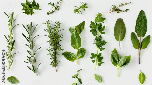 Fresh culinary herbs arranged in alphabetical order from anise to zest