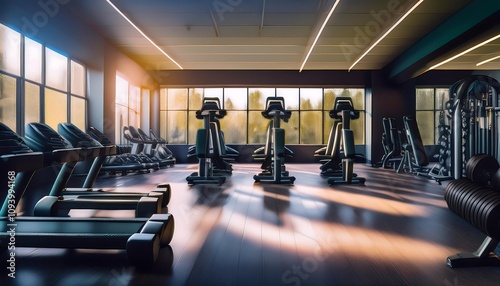 Inside a modern gym with adjustable dumbbells and weight benches, empty.