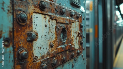 Close-up of a rusty metal plate on a train, highlighting wear and age.