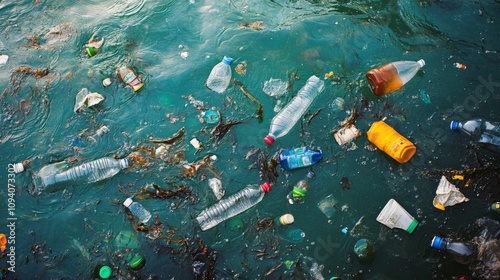 10.A detailed view of plastic bottles floating in the ocean, accompanied by smaller plastic debris. The tranquil sea is disrupted by the presence of human waste, showcasing the global issue of marine