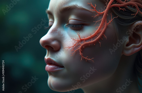 portrait of a girl with Abstract microscopic neural connections mycelium background nervous mind brain system meaning