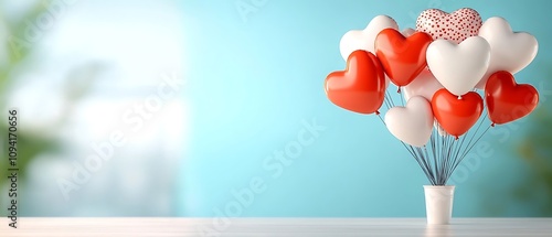 Floating bouquet of heart shaped balloons in red white and pink colors for romantic Valentine s Day party