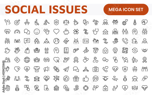 Social Issues Icon Set. Thought-provoking and impactful icons designed to raise awareness and promote engagement, perfect for enhancing campaigns, websites, and educational materials.