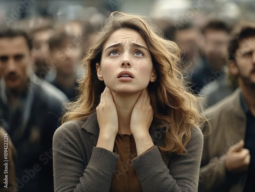 Young Woman Experiencing Anxiety in a Crowded Setting with Worried Expression and Tense Atmosphere