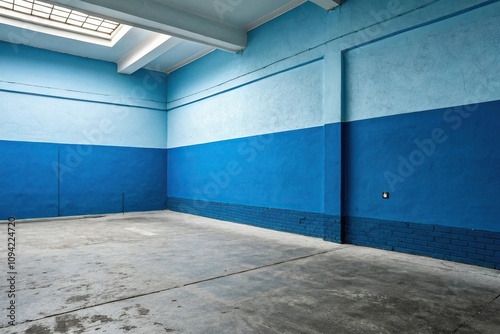 The dominant blue accent wall creates visual interest against an otherwise drab and featureless gray concrete floor, dominant blue accent, interior style, decoration