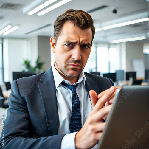 Panoramic portrait of worried businessman looking at laptop in business office interior