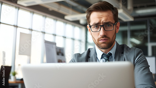 Panoramic portrait of worried businessman looking at laptop in business office interior