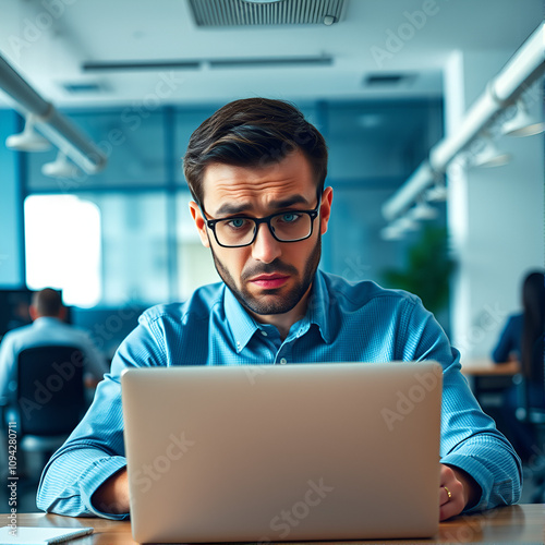 Panoramic portrait of worried businessman looking at laptop in business office interior