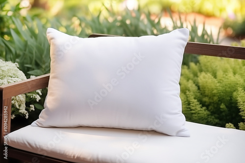 close up of white pillow on chair in garden on summer day. mockup of white rectangular pillow