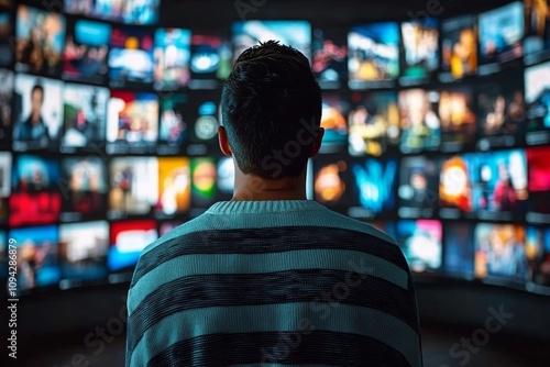 Television Propaganda and Media Manipulation in Society with Man Watching Multiple Screens