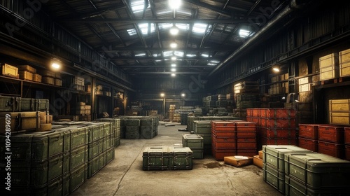 Dark Industrial Warehouse with Military Boxes and Firearms Stacked in Chaotic Atmosphere