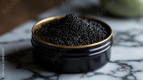 Petrossian beluga caviar in an elegant matte black tin, placed on a marble surface with soft lighting creating a sophisticated ambiance.