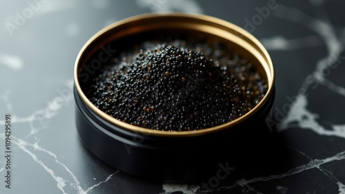 Royal beluga caviar in a chic black tin, resting on a marble countertop, illuminated by soft, ambient light for a luxurious look.