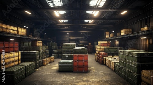 Weapons Storage in Dimly Lit Industrial Warehouse Stacked with Metal Trunks and Crates