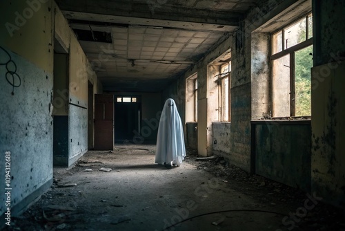 A ghostly spectral presence materializes in a dimly lit abandoned chamber, spectral, forgotten, haunting, abandoned