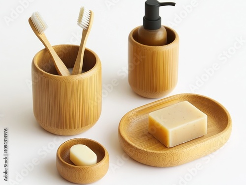 A minimalist bamboo bathroom set with toothbrushes, soap, and a dispenser for personal care.