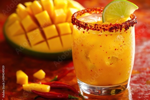 A vibrant mango drink garnished with lime and chili, served in a glass.