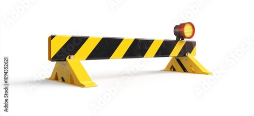 A yellow and black striped barricade with a warning light for traffic control.