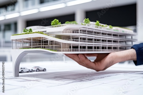 A hand supports a modern architectural model with greenery on a design table.