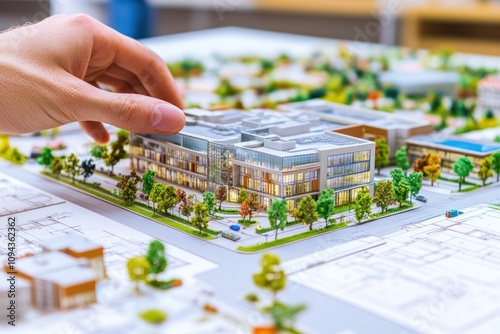 A hand adjusts a miniature architectural model of a modern building surrounded by landscaping.