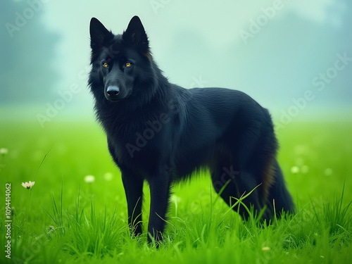 Black german shepherd sits in green field under blue sky