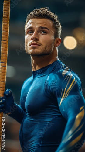 A male pole vaulter preparing for a competition, showcasing athleticism and focus.