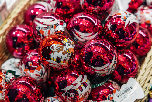 Christmas tree decorations on a store counter close-up