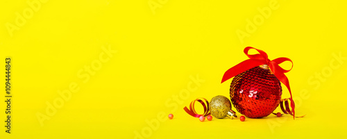 Christmas ball on colored background. decoration bauble with ribbon bow with copy space