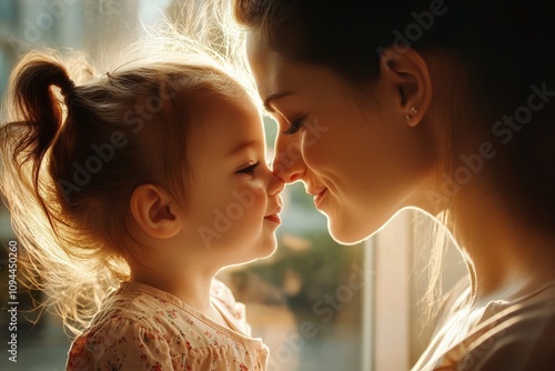 Young mother gently touches her little daughter with her nose. Concept of motherly love, parenthood. 