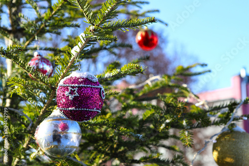 blue sky, Christmas, Christmas decorations, Christmas tree, Christmas tree branch, church, close-up, the concept of Orthodoxy, cross, crucifix, Orthodox church, temple, cathedral, decoration, design, 