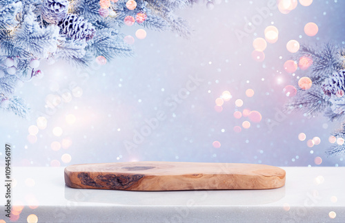 Wooden podium on marble table for product montage on blurred Christmas holiday decoration background