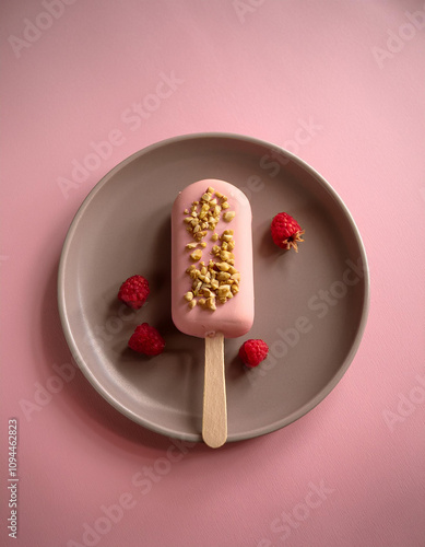 pink ice cream with nuts on a plate