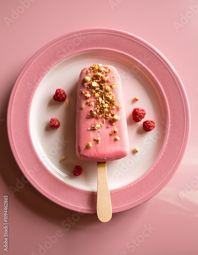 pink ice cream with nuts on a plate