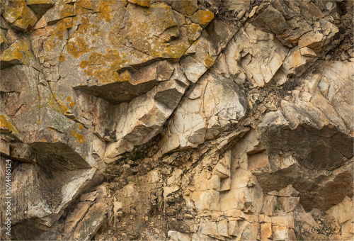 Rugged stone backgroundwith bright yellow lichen