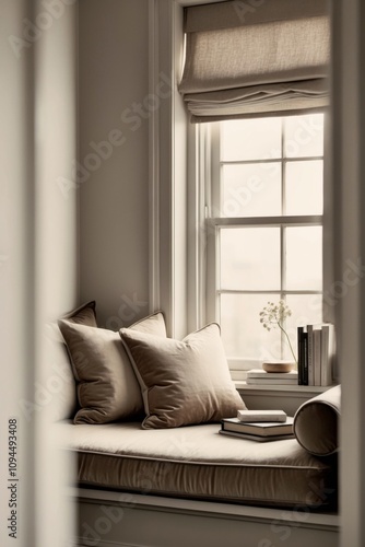 Cozy Reading Nook with Sunlit Window Seat and Cushions for Leisure and Relaxation.