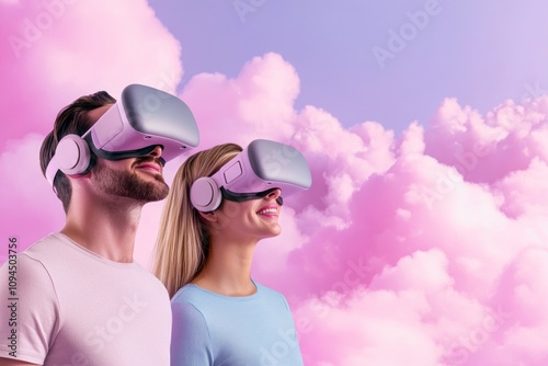 A couple immersed in digital clouds and fantasies.