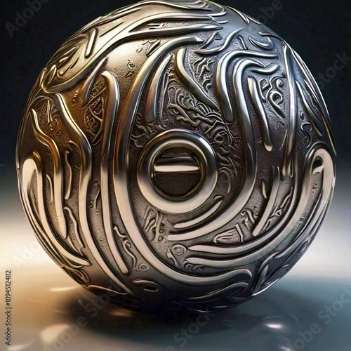 A metallic sphere with intricate swirling patterns and a small recessed opening